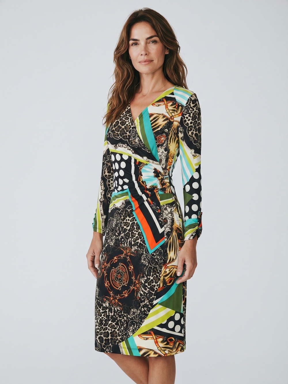 Carmen Marc Valvo Abstract Print Wrap Dress in Black and Green size S New